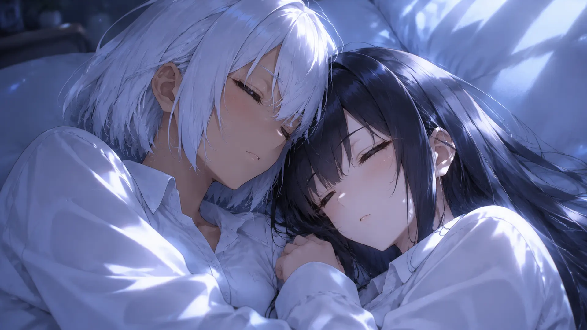 生成一张精美的二次元美少女游戏CG:
时间:夜晚
环境:少女闺房的床上
图1和图2人物相拥而眠,头靠头贴贴,没有盖被子,没有穿着身上的衣服,但是穿着长袖的白色衬衫内衬(没有颈部饰品),两人的睡相平静而
