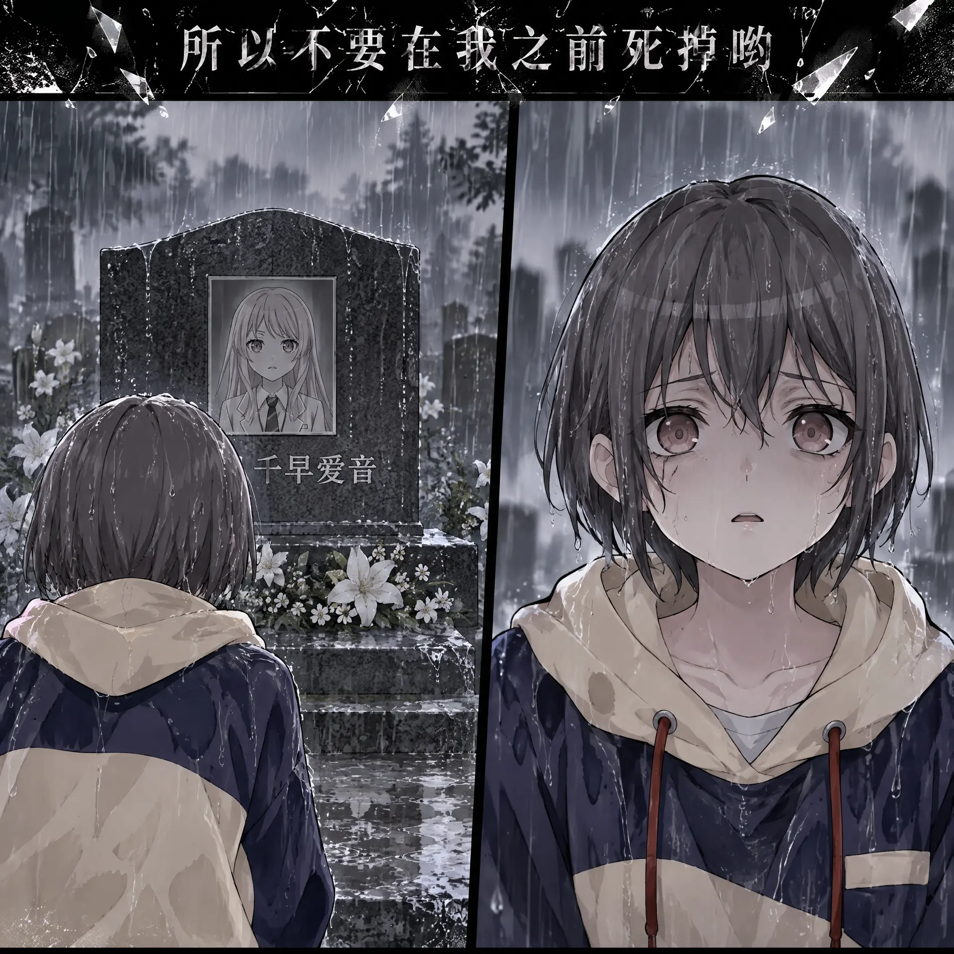 雨天，墓园
画面分为左右两格分镜
雨天淋湿了角色全身
左侧分镜为图一角色站在图二角色的墓碑前，墓碑上有着图二角色的黑白正