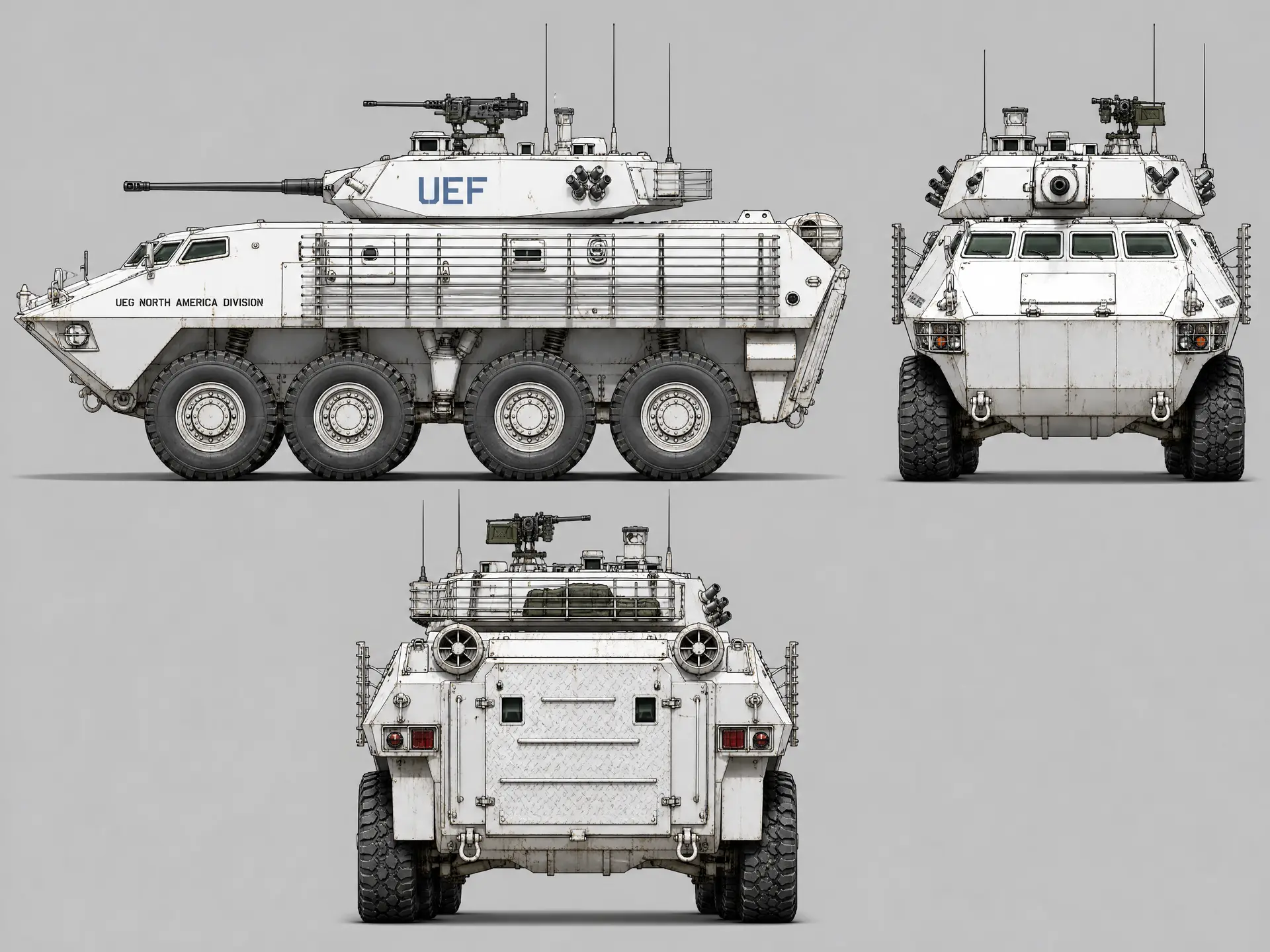 ---

LAV-25装甲车三视图设定稿，军事载具技术绘图风格，白色涂装，全彩，线条清晰，结构明确。
参考图一图二图三图