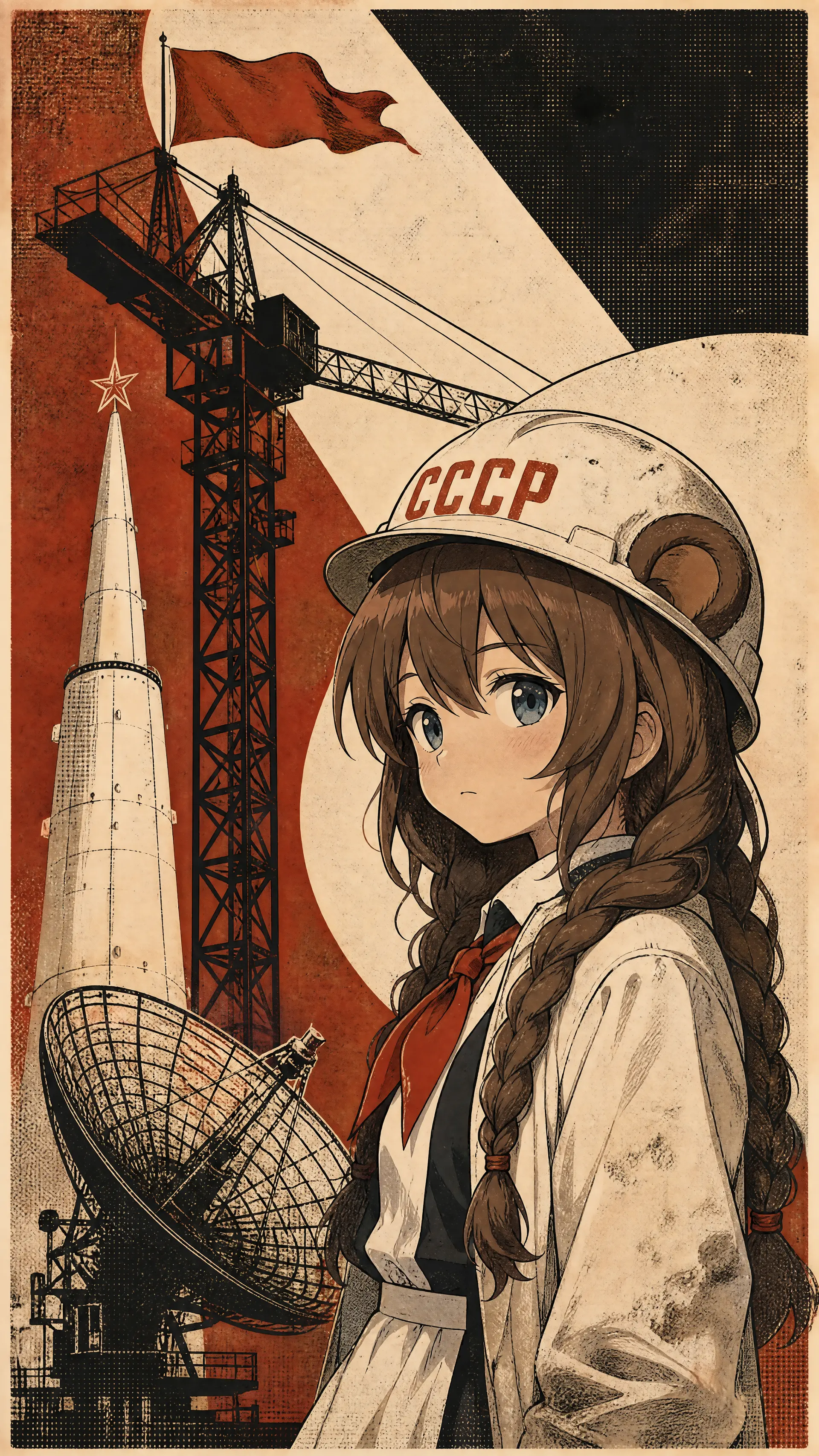 竖版海报，半厚涂结合丝网印刷质感，全彩。画面整体采用米白、炭黑、铁锈红三色为主调，覆盖细腻的半调网点与颗粒噪点，呈现出复