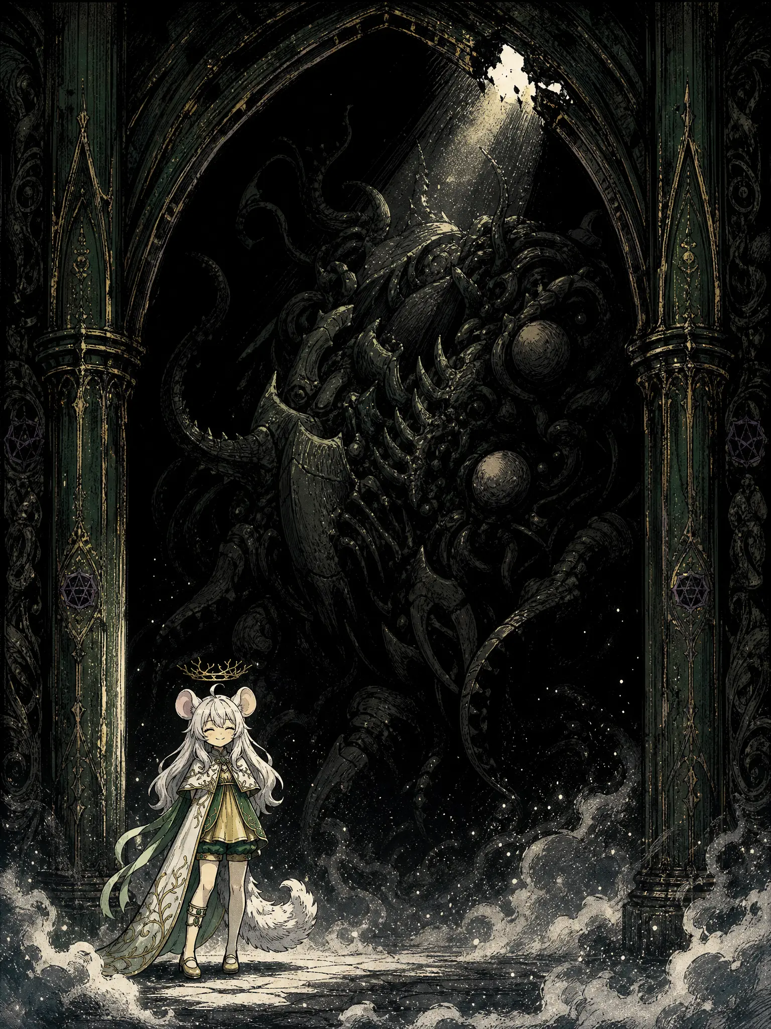 横版插画，复古手绘板风格，非厚涂，高对比度。整幅画以老旧漫画印刷或报纸网点的颗粒纹理填充阴影与屏幕噪点，摒弃一切平滑渐变