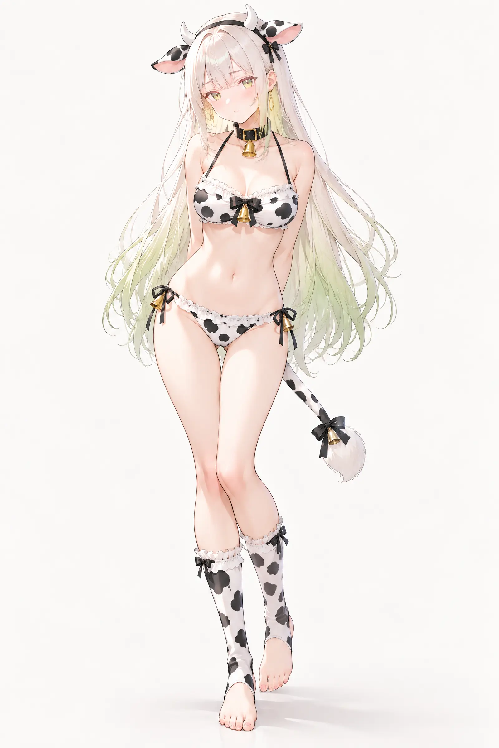 通用竖版立绘绘图指令：少女角色 · 奶牛装换装。

---

基础画风与比例

竖版构图，比例 2:3 或 3:4，全身