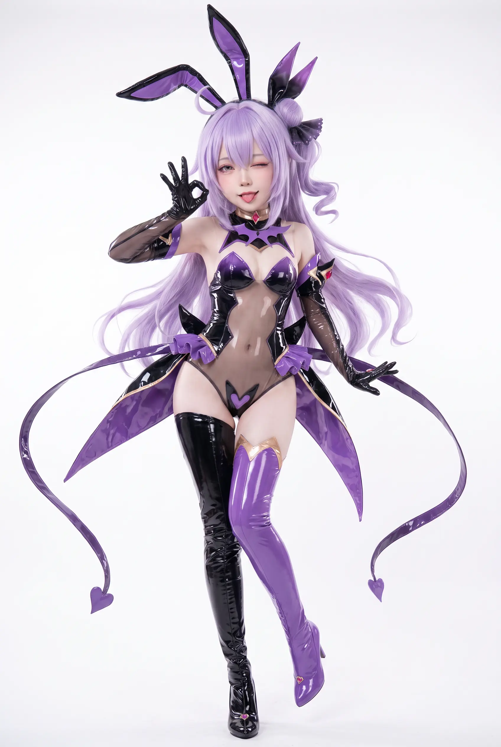 把这张图片转换为真人cosplay的商业摄影作品，颜值水平类似于亚洲网红或者idol、日本明星，服装材质为漆皮，适当的地