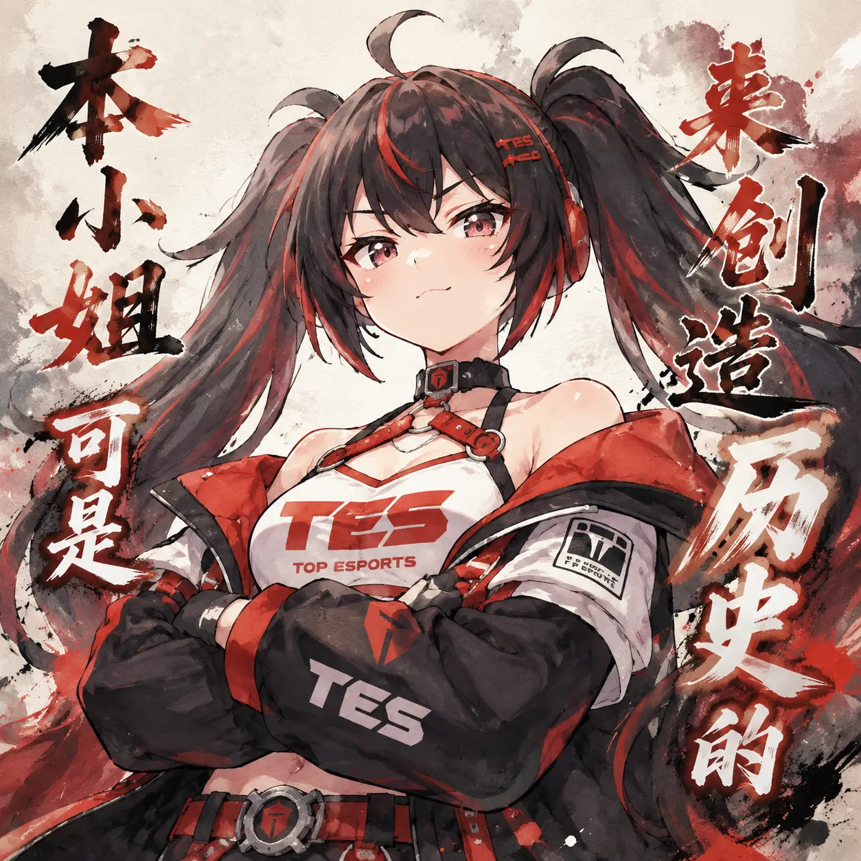 生成一张二次元平涂水彩质感融合风格的图片。画面只显示图一角色胸部及以上部分的外观内容。角色在画面视图为偏正视图,画面镜头视角为中度仰视荷兰角镜头,角色两只手臂搭在身前胸部,头部微微抬起,表情为傲娇,双