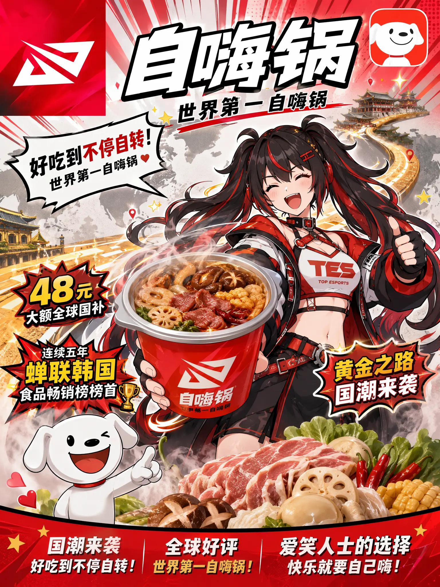 使用喜剧风格生成图一角色在图三网购平台推销图二产品商标的自嗨锅宣传海报。海报内容必须包含图四所示文字的描述海报画面元素但