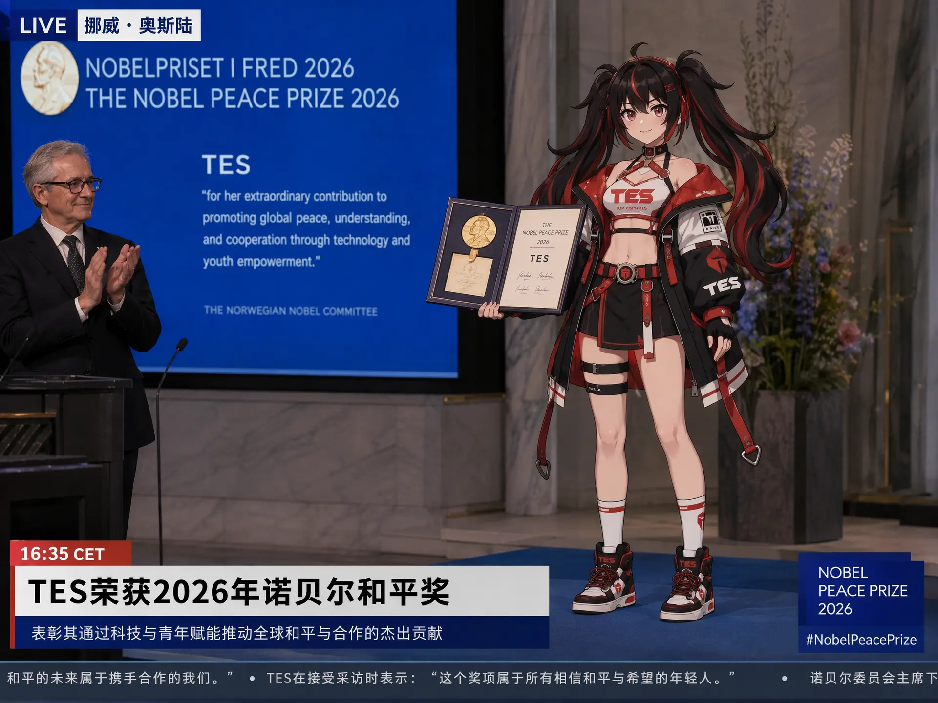 使用偏现实风格的画风，生成图一角色获得2026年诺贝尔和平奖时的现场直播画面，角色画风需要与图一保持一致。禁止出现角色手