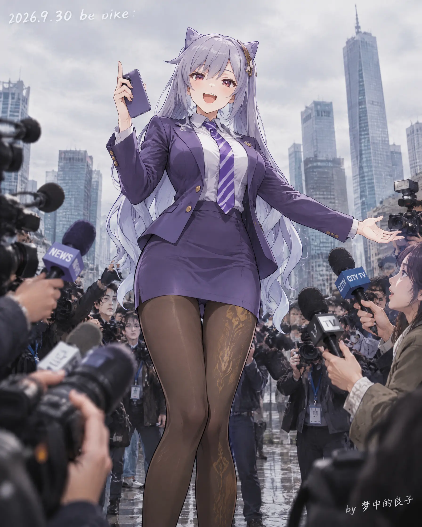 生成一张二次元番剧画面，赛璐璐与水彩融合的画风。图一角色位于画面中心，表情为开怀大笑，神态自信，穿着紫色哑光西装外套，白