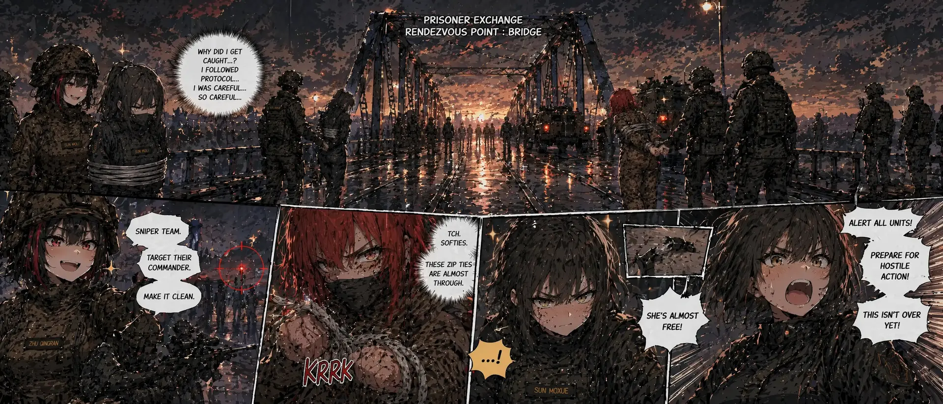 生成一张横板大远景漫画

以图一和图二的场景作为蓝本，大远景是一座大桥，内容是双方在桥上交换俘虏

图一中的两个角色站在