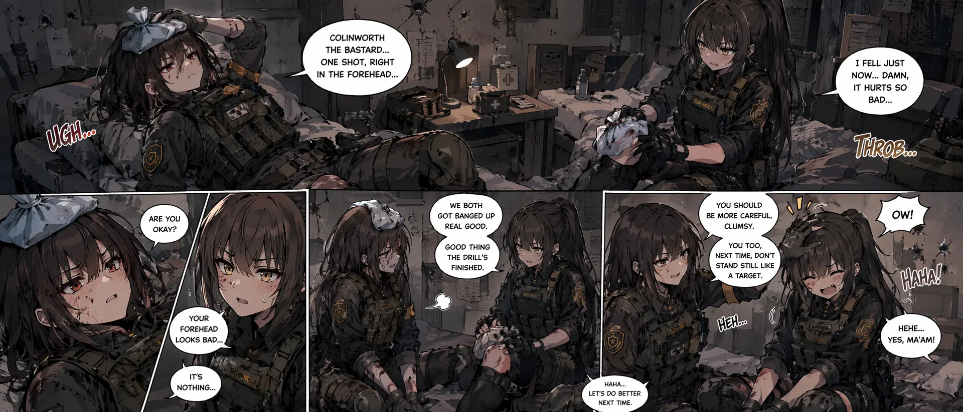 生成一张漫画，描述孙沫雪（图一），孙沫璃（图二），在演习结束后躺在休息室里休整的场景

孙沫雪额头上放着冰袋，表情痛苦的