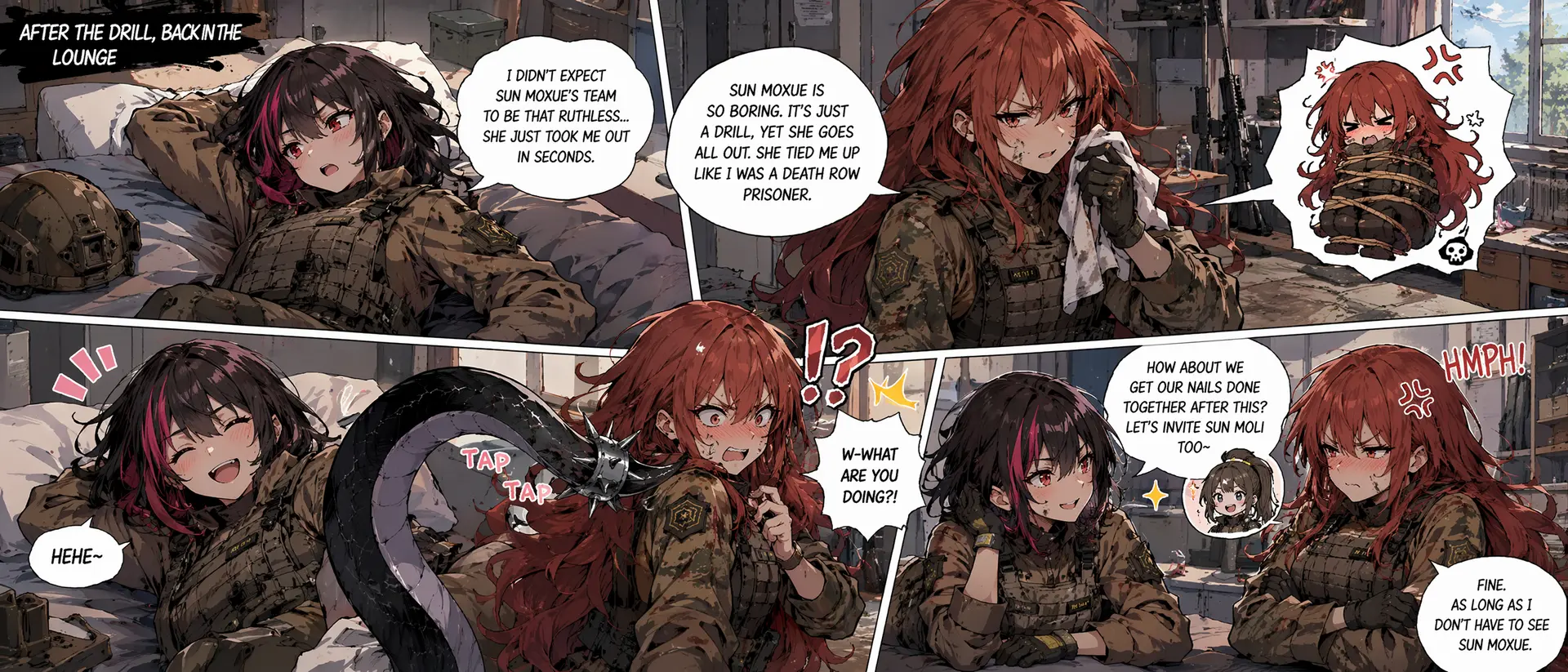 生成一张漫画，描述祝清然（图一）和科林沃斯（图二）在演习结束后回到休息室休整的场景

祝清然躺在床上，摘掉了头盔，表情郁