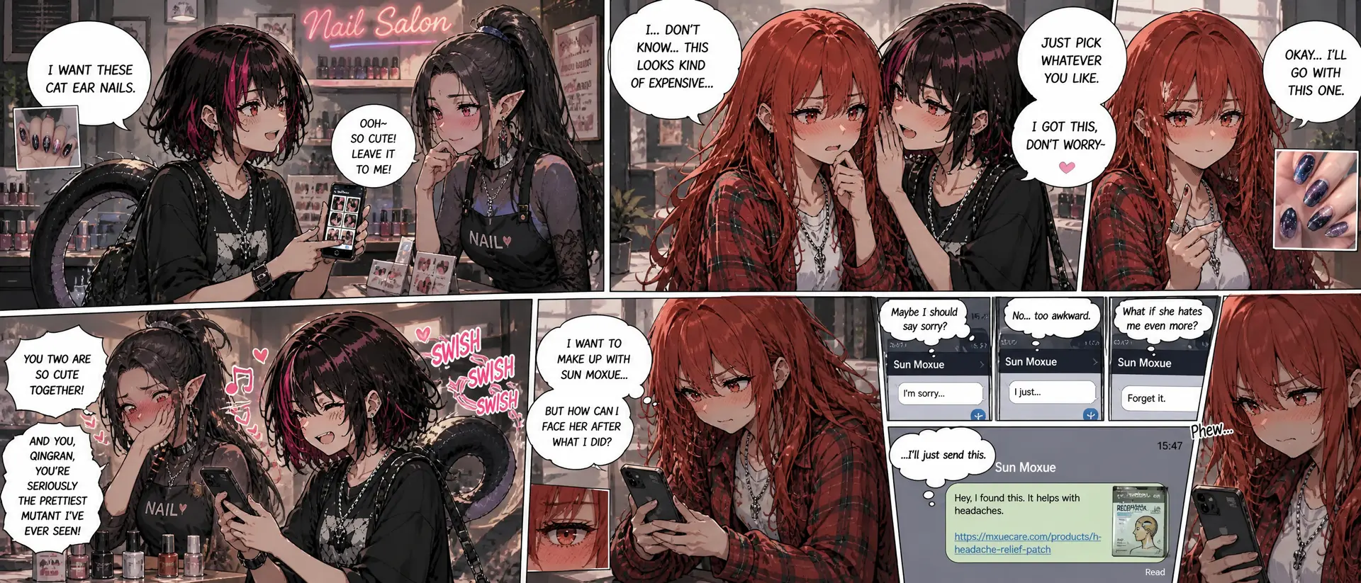 生成后续：她们到达了美甲店，祝清然（短发女孩）给店员看图片，说她要做一个猫耳款式的美甲，科林沃斯（长发女孩）她有些纠结，