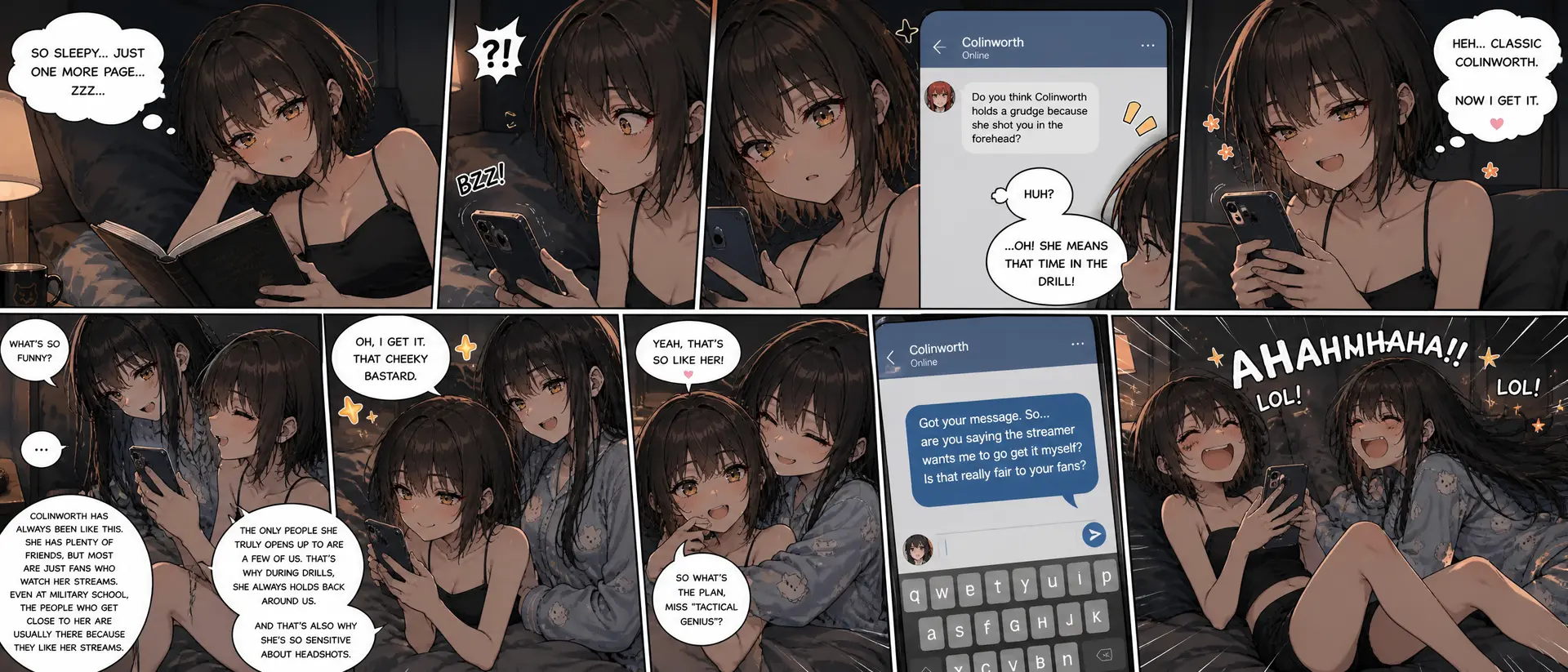 生成后续：孙沫雪（图一短发女孩）在看书快要睡着的时候手机突然响了一下，她被惊醒，然后摸出手机一看，看到科林沃斯（图二）发