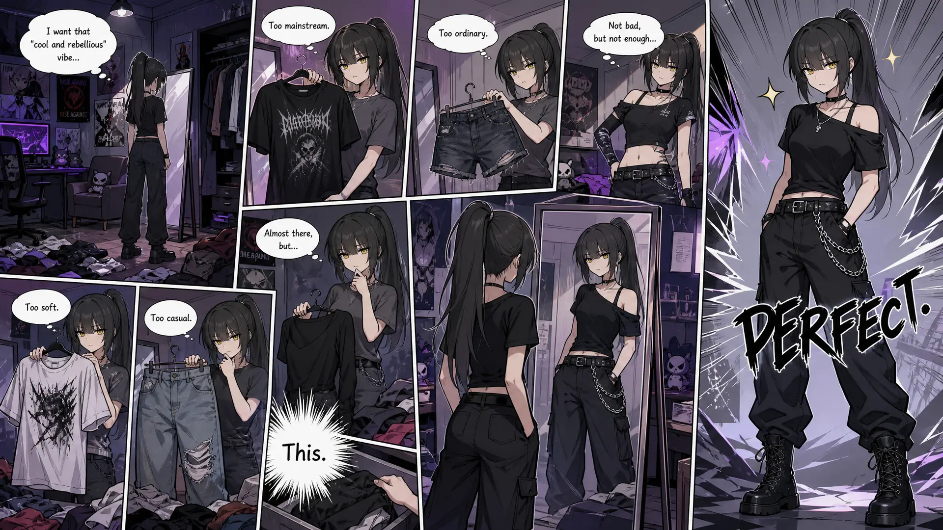 生成一张单人漫画，人物为孙沫璃（图一），只有她一人

场景设定在她的房间里，她对着穿衣镜在搭配自己的服饰，她在寻找那种酷
