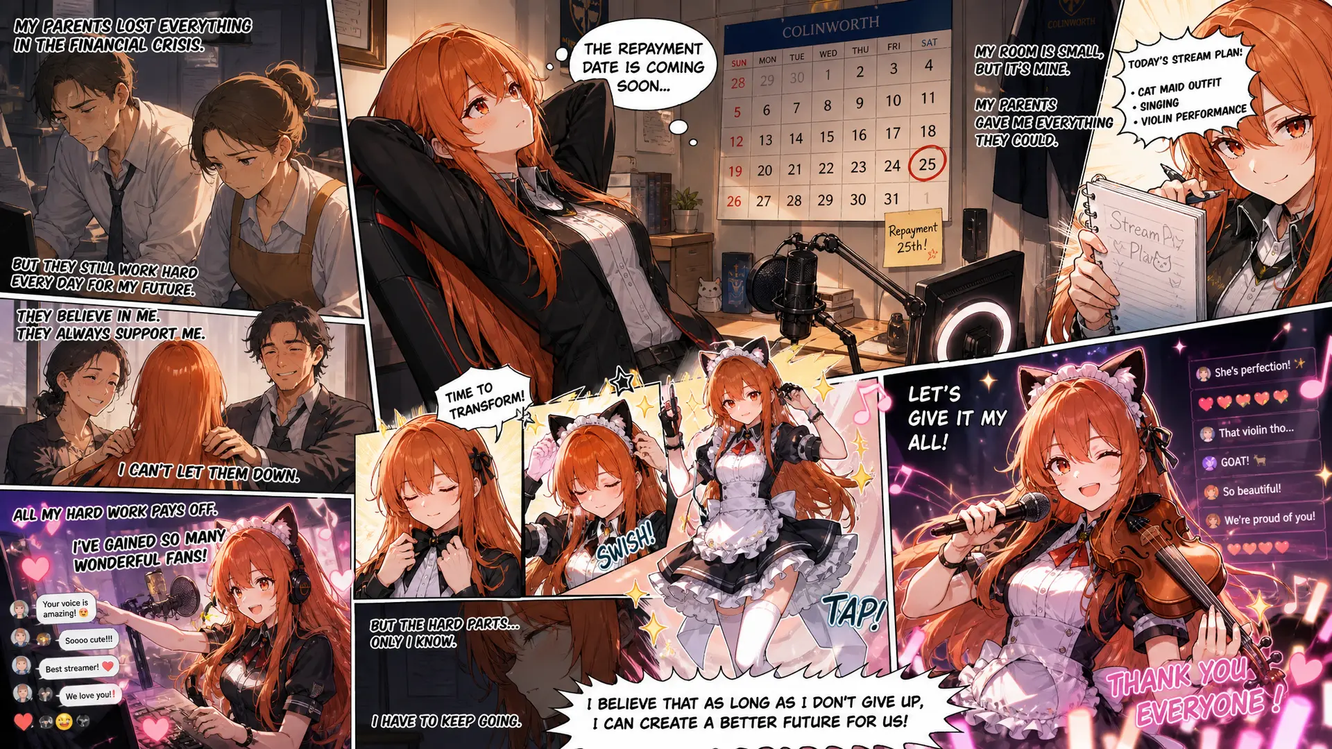 生成一张漫画：描述科林沃斯（图一）在直播前做准备的场景

科林沃斯靠在自己房间的电脑椅上，看着日历上即将到来的还款日发呆