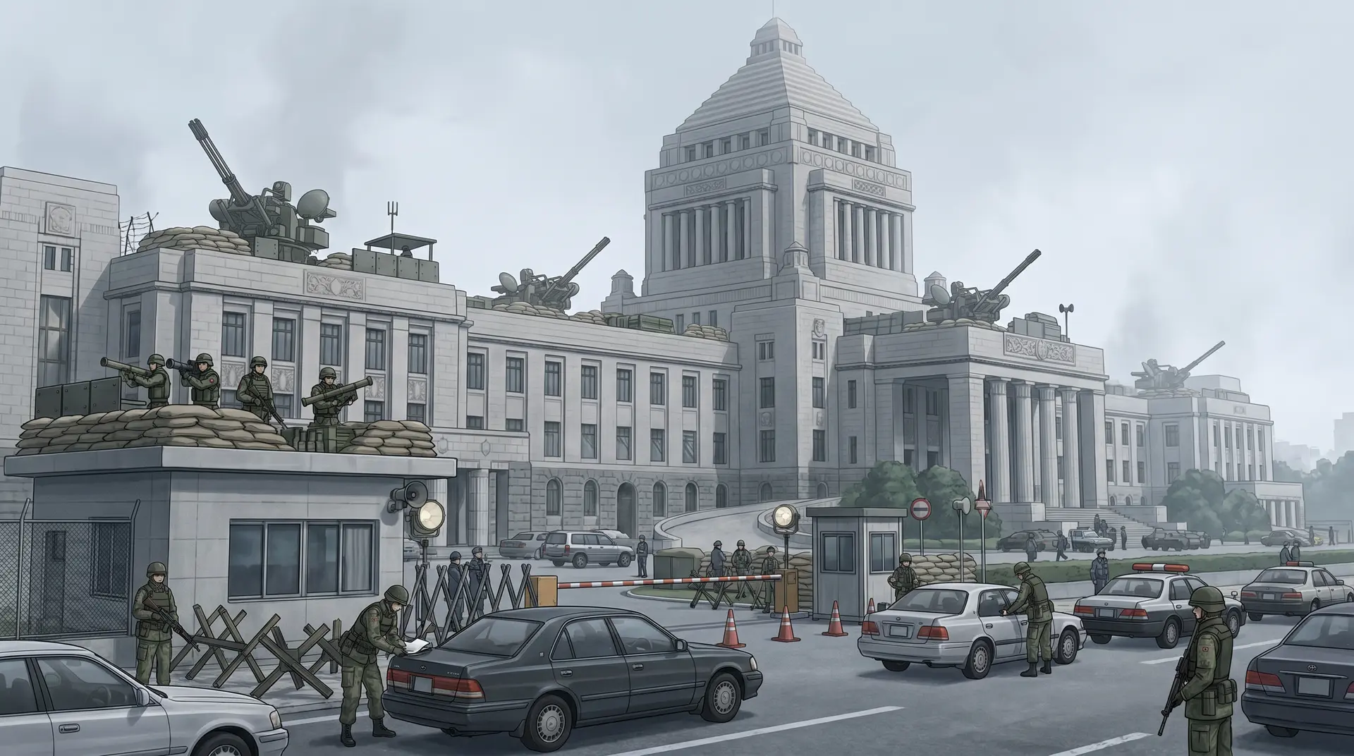 以参考照片作为建筑、武器装备、构图、视角与透视依据，描绘《MUV-LUV Alternative》世界观下、约2000年