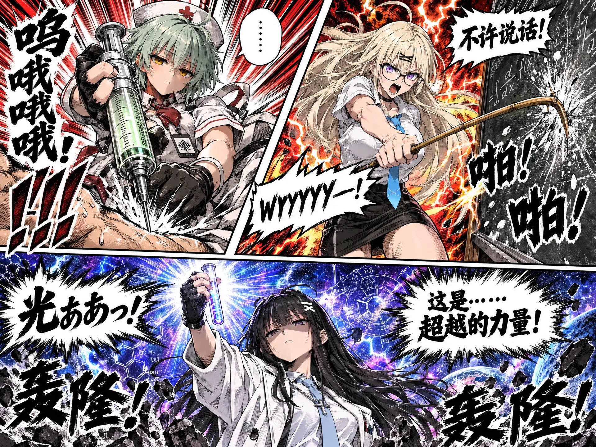 一张充满动感和动作张力的三格《刃牙》漫画风格插画，采用经典的《刃牙》画风，线条粗狂、色彩鲜艳且富有戏剧性。布局上，左上、