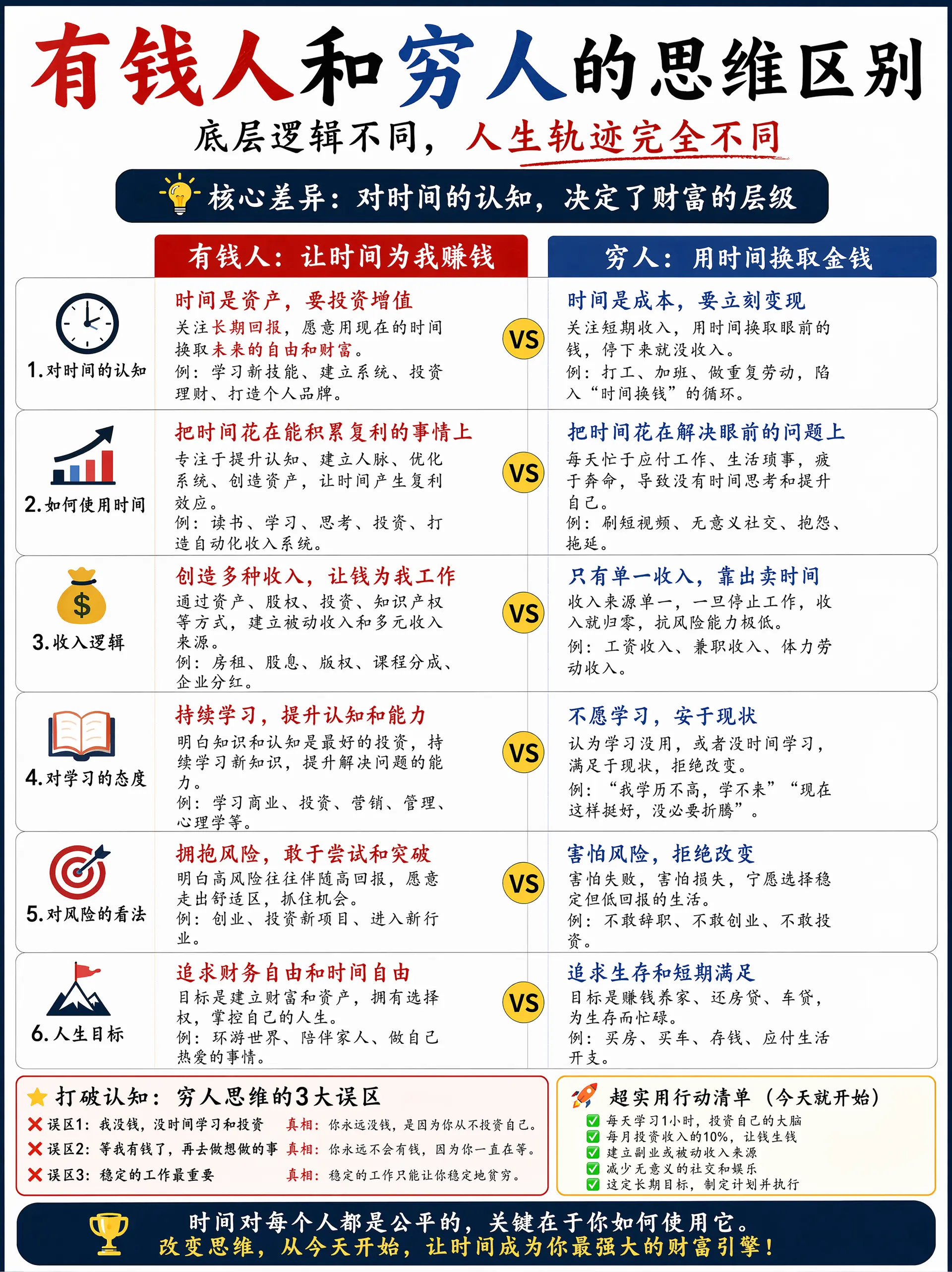 有钱人和穷人的思维区别？例如对时间的认知，请基于以上主题提供图文并茂的详细讲解，内容要吸引人，让人一看就懂，必须要超实用