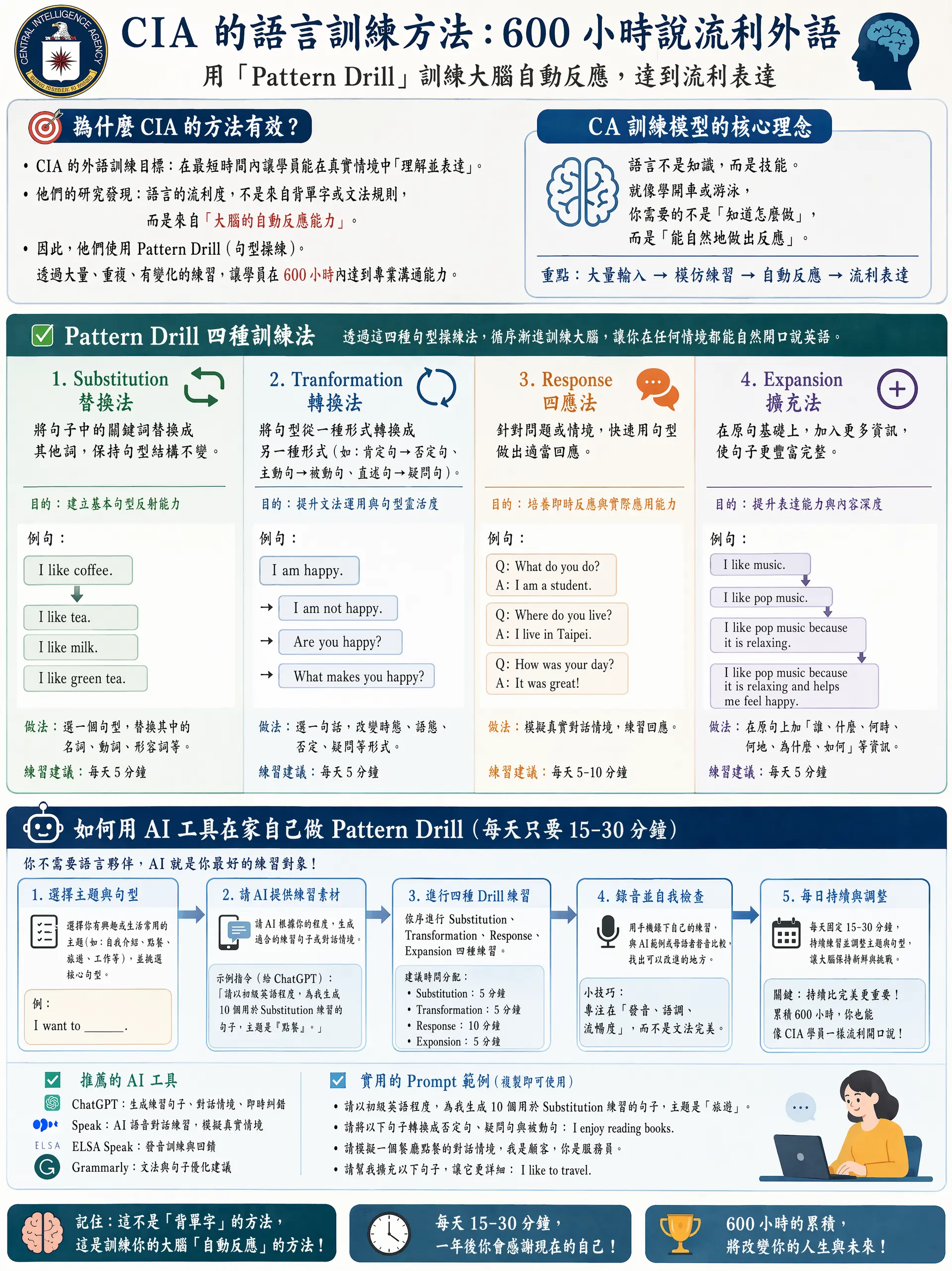 美国 CIA 的语言训练方法，600 小时说流利外语。 请根据以上主题提供详细深入浅出的图文并茂分析讲解教程，用英语学习