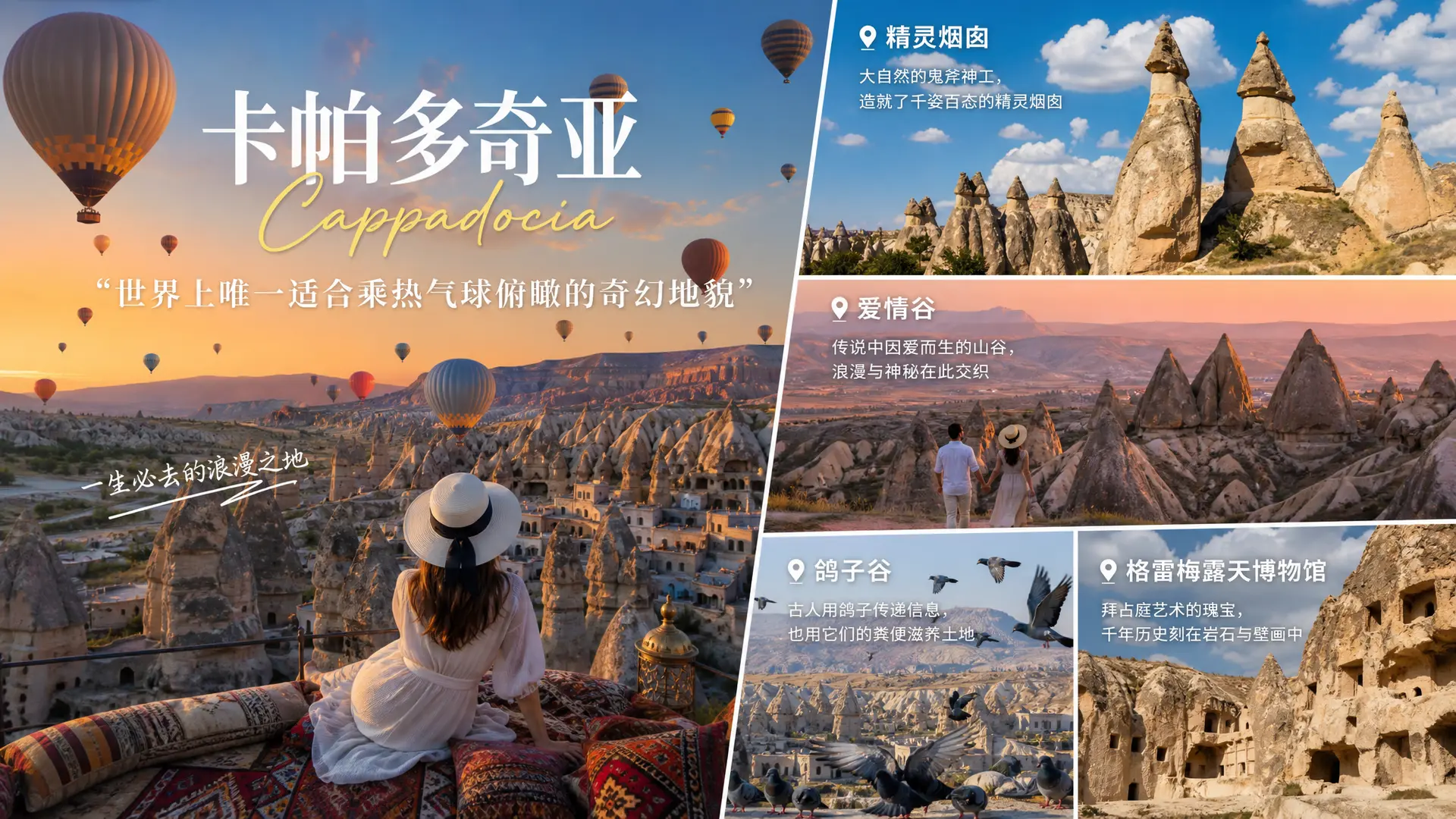 卡帕多奇亚 Cappadocia


“世界上唯一适合乘热气球俯瞰的奇幻地貌”

关键词：

精灵烟囱
爱情谷
鸽子谷
