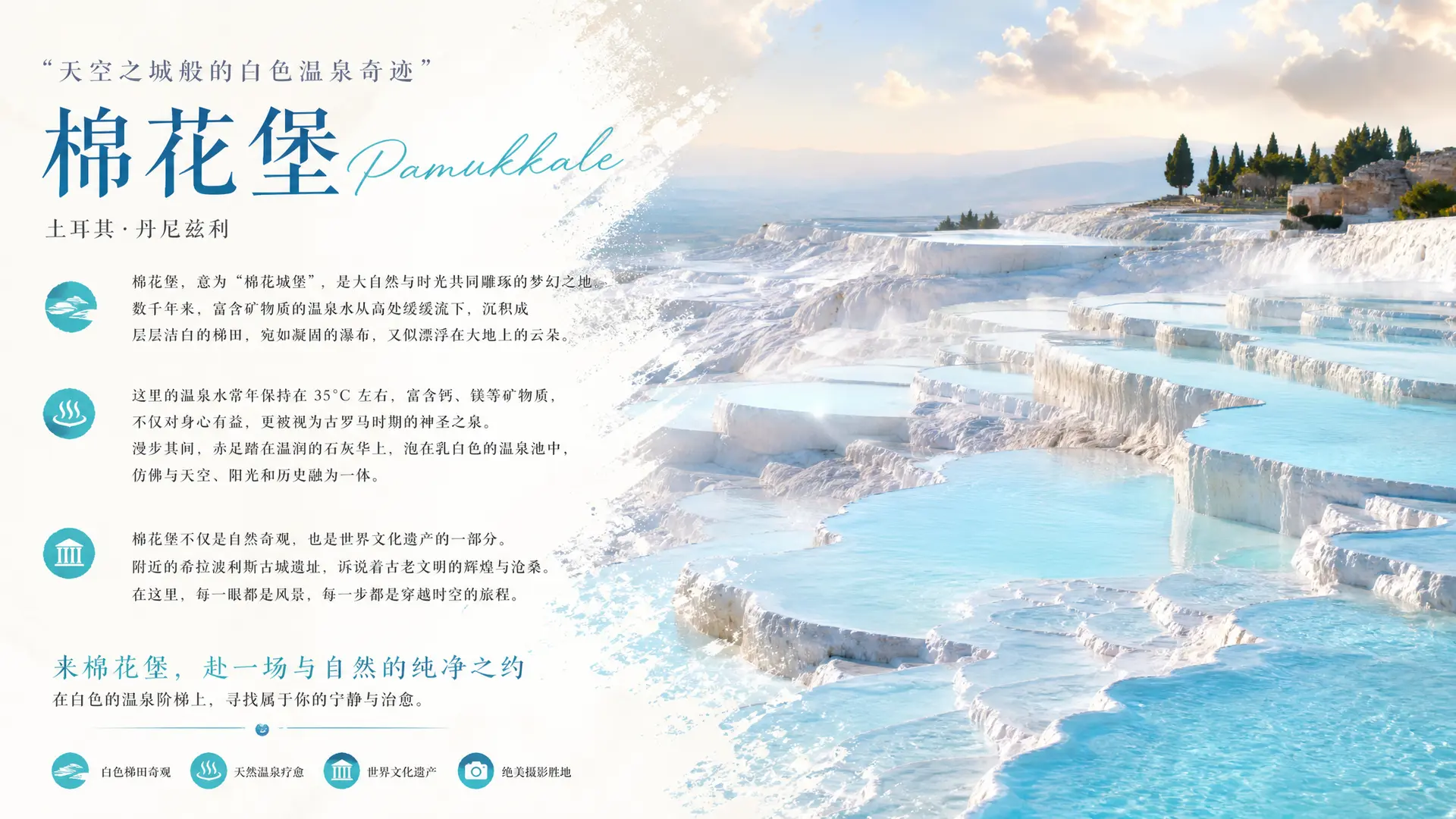介绍棉花堡 Pamukkale
主题：“天空之城般的白色温泉奇迹”
一半文字一半图片，相互融合