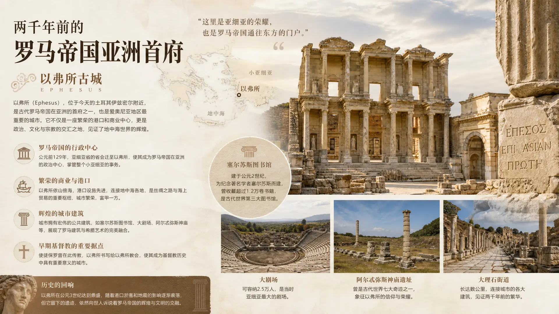 以弗所古城

主题：“两千年前的罗马帝国亚洲首府”
介绍以弗所古城，一半文字一般图片 相互融合