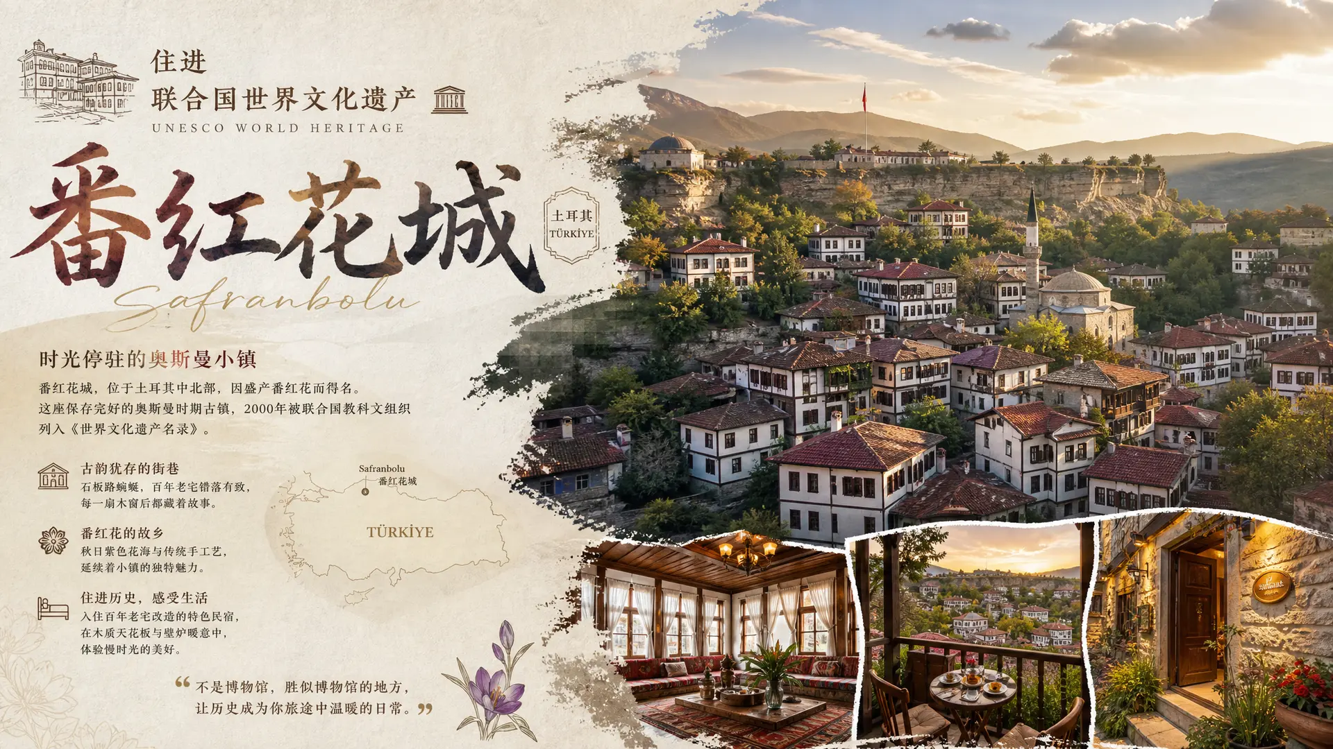 介绍番红花城，一半文字一半图片，相互融合

主题：
“住进联合国世界文化遗产”