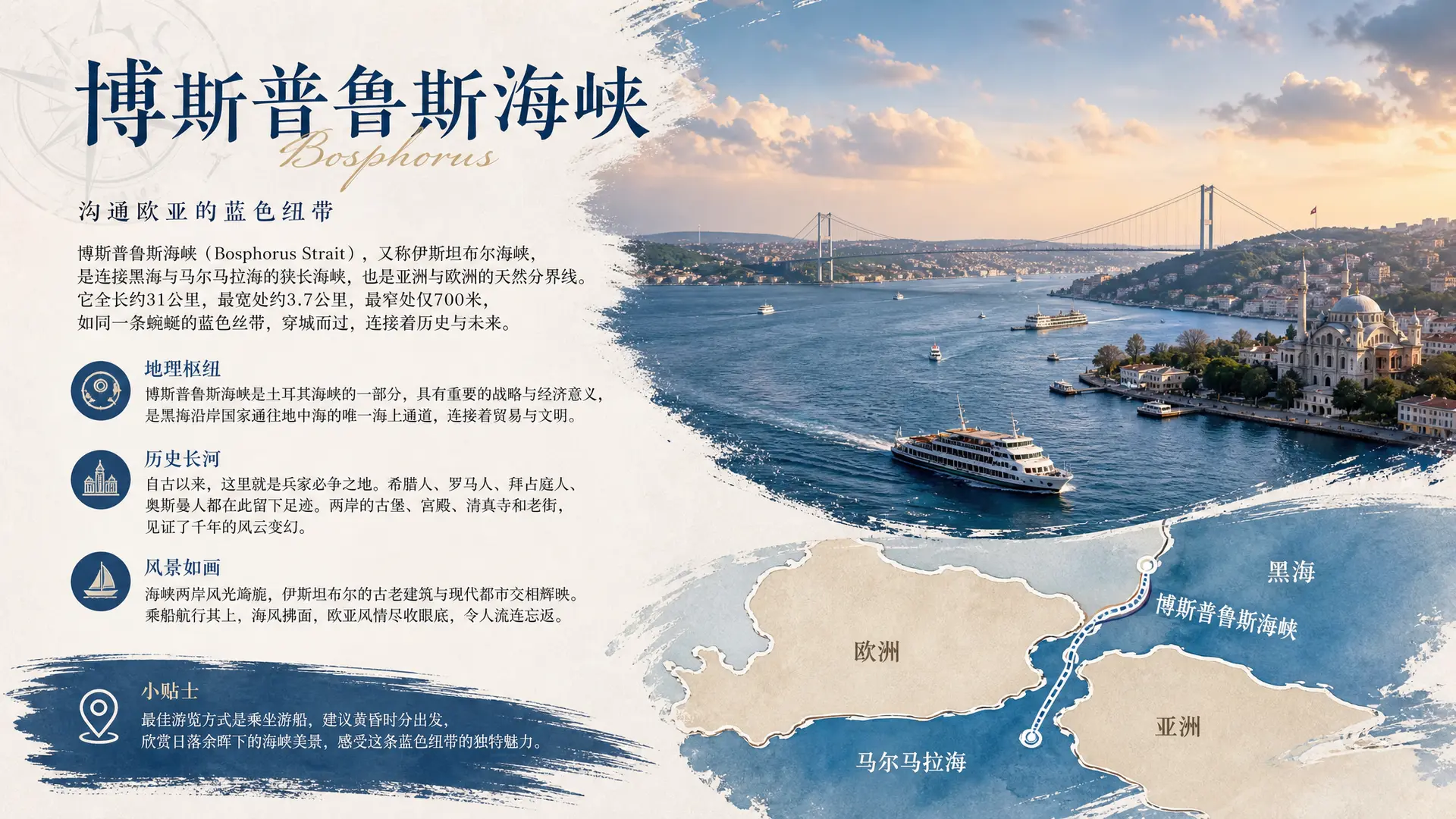 介绍博斯普鲁斯海峡，一半文字一般图片，相互融合
