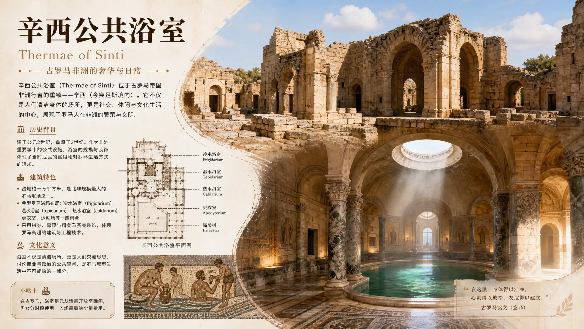 介绍辛西公共浴室，一半文字介绍一半图片，相互融合