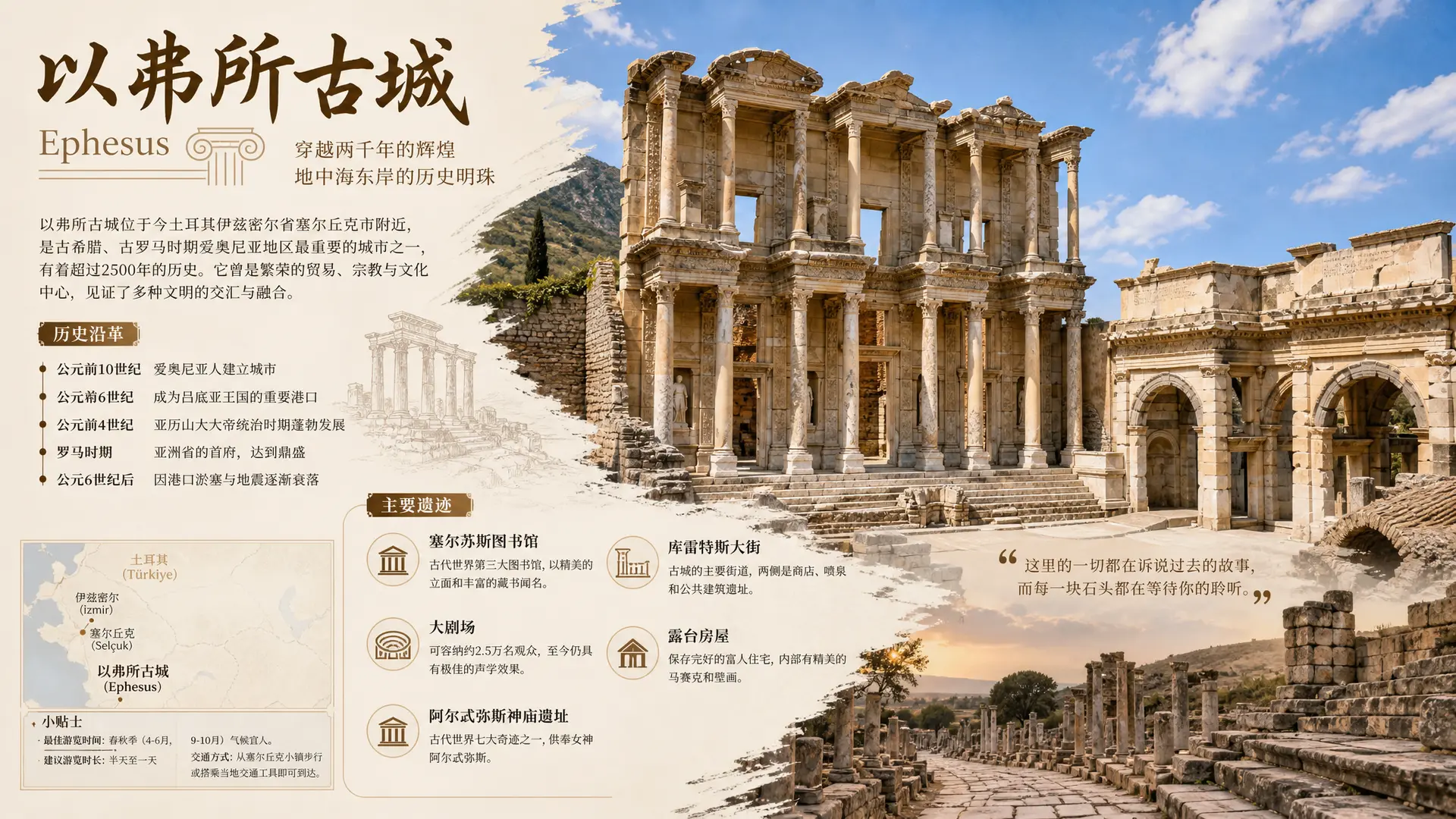 介绍以弗所古城，一半文字介绍一半图片，相互融合
