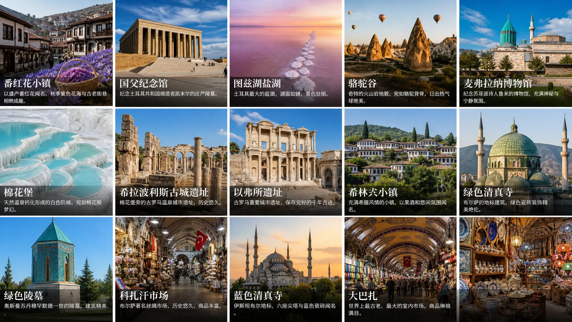 【经典景点】番红花小镇+国父纪念馆+图兹湖盐湖+骆驼谷+麦弗拉纳博物馆+棉花堡+希拉波利斯古城遗址+以弗所遗址+希林
杰
