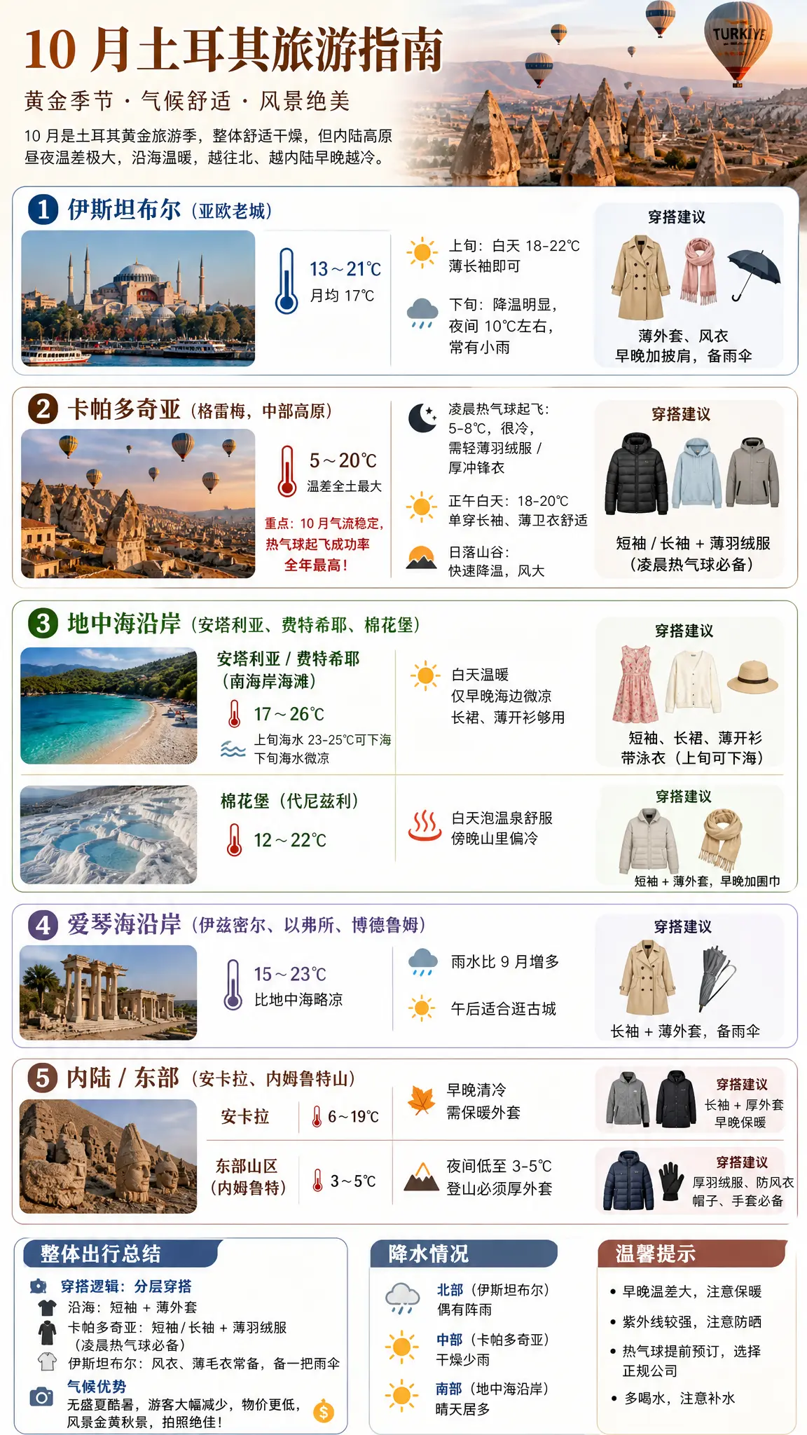 10 月是土耳其黄金旅游季，整体舒适干燥，但内陆高原昼夜温差极大，沿海温暖，越往北、越内陆早晚越冷。
1. 伊斯坦布尔（