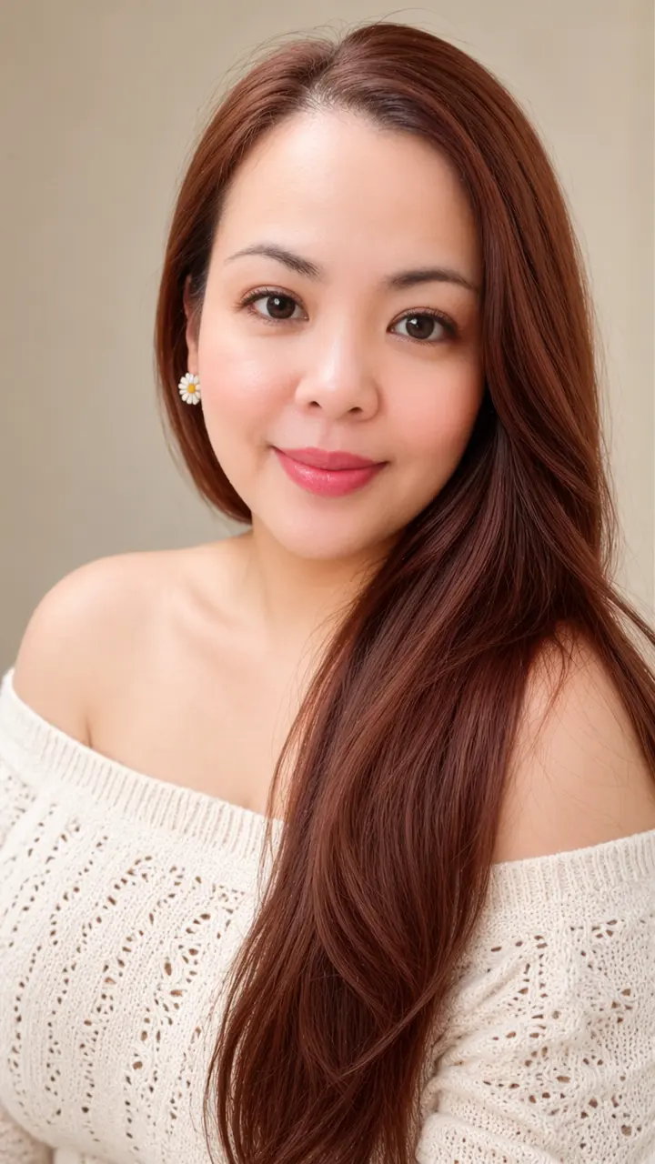 Create a close up studio portrait of a woman with white and smooth skin and semi large body.
Subjec