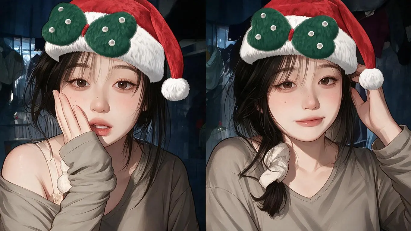 生成图一完全相同风格（且同人物）的精美漫画左右分割两张
图二三女生（要求与参考图二图三妆造面部穿搭衣物质感发绳发饰完全相